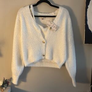 2 piece Willow & Wind fuzzy white cardigan and tank top- new